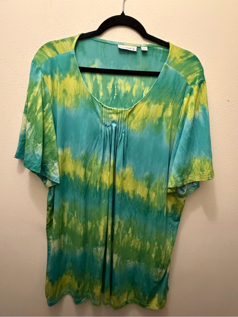 Susan Graver Teal & Lime Tie-Dye Scoop Neck Short Sleeve Top